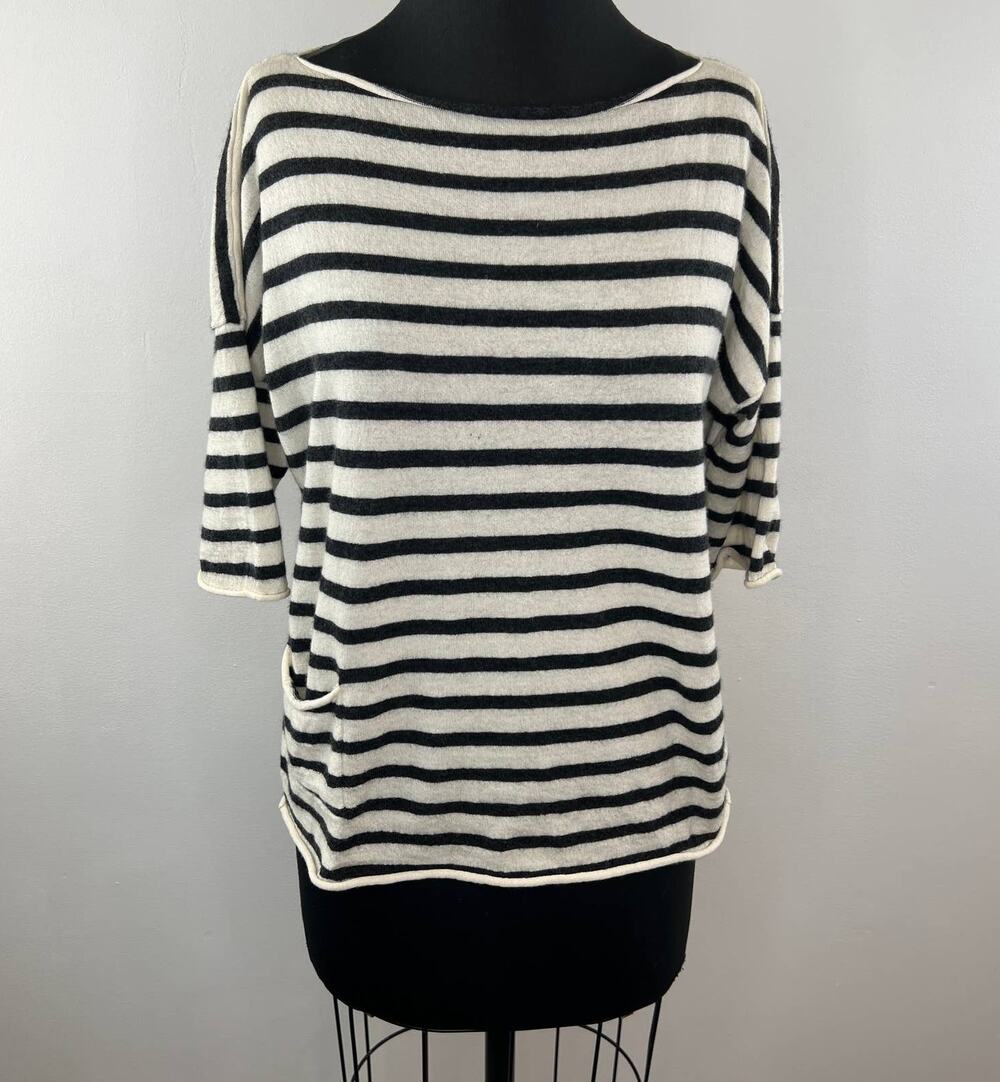 ATM Anthony Thomas Melillo Black White Striped Cashmere Half Sleeve Sweater L